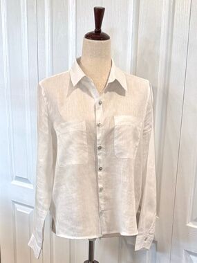 Woman's 100% Linen Shirt by Sigrid Olsen, White, Pockets, Collared Button Up Med